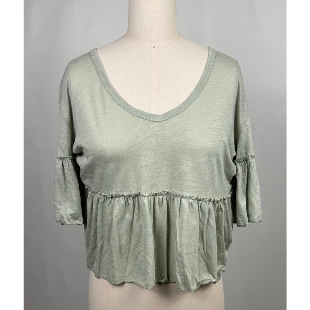 Sage Green Peplum Ruffle Sleeve Top V Neck Modal Cotton Blouse‎ M Boho Feminine